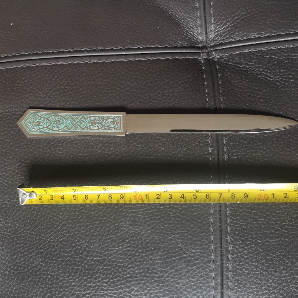Vintage Solingen Germany Silver Letter Opener 9.5" Green Etched Phoenix Pattern - Picture 6 of 7